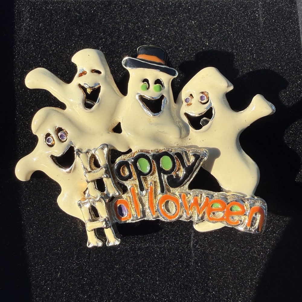 Vintage Halloween Ghost Brooch Pin Happy Halloween Skeleton Enamel 90s Spooky